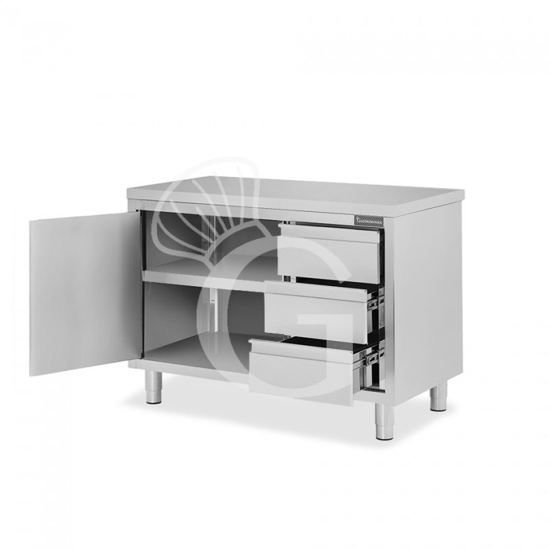 Mesa de acero inoxidable con 1 puerta abatible, 3 cajones en el lado derecho y L1000 mm x P 800 mm x H 850 mm.
