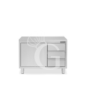 Mesa de acero inoxidable con 1 puerta abatible, 3 cajones en el lado derecho y L1000 mm x P 800 mm x H 850 mm.