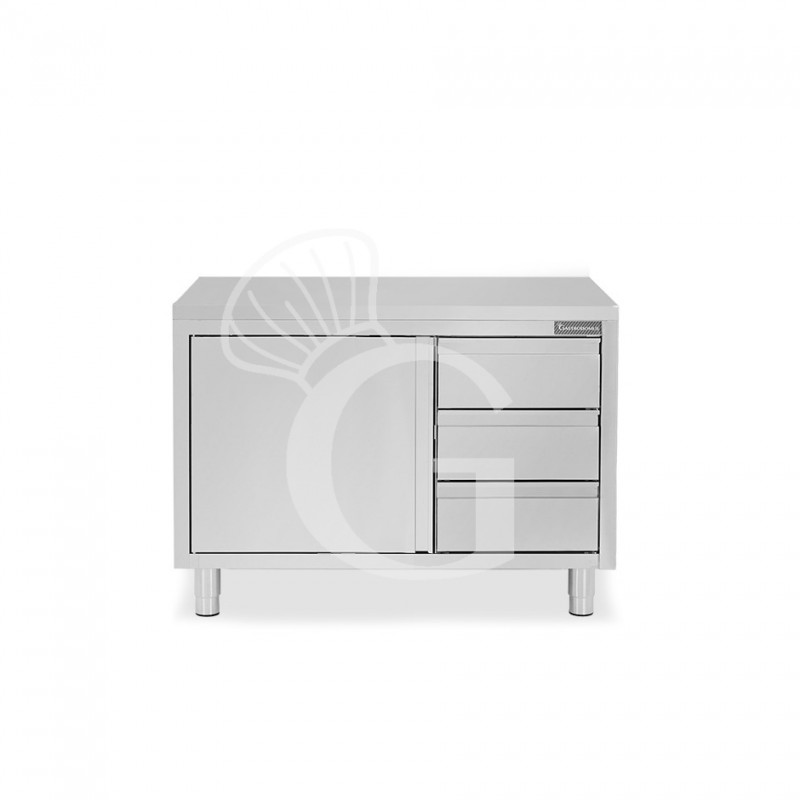Mesa de acero inoxidable con 1 puerta abatible, 3 cajones en el lado derecho y L1000 mm x P 800 mm x H 850 mm.