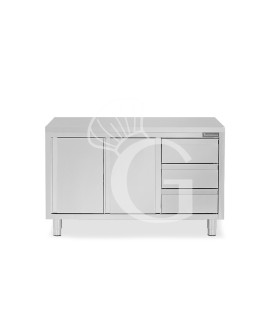 Mesa de acero inoxidable con 2 puertas correderas, 3 cajones en el lado derecho y L 1500 mm x P 800 mm x H 850 mm