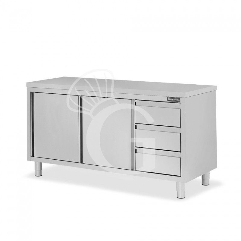 Mesa de acero inoxidable con 2 puertas correderas, 3 cajones en el lado derecho y L 1800 mm x P 800 mm x H 850 mm