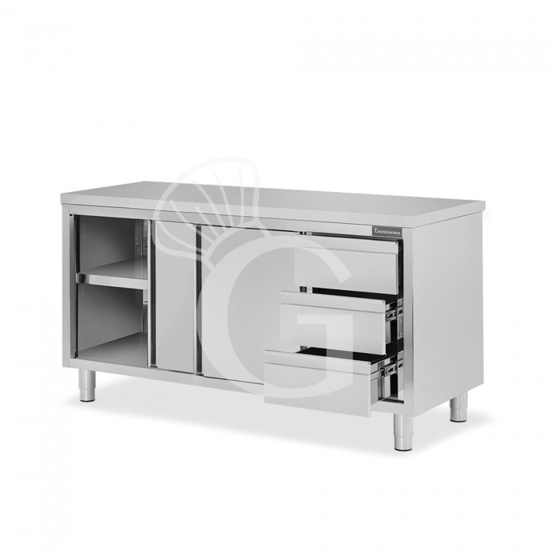 Mesa de acero inoxidable con 2 puertas correderas, 3 cajones en el lado derecho y L 1800 mm x P 800 mm x H 850 mm