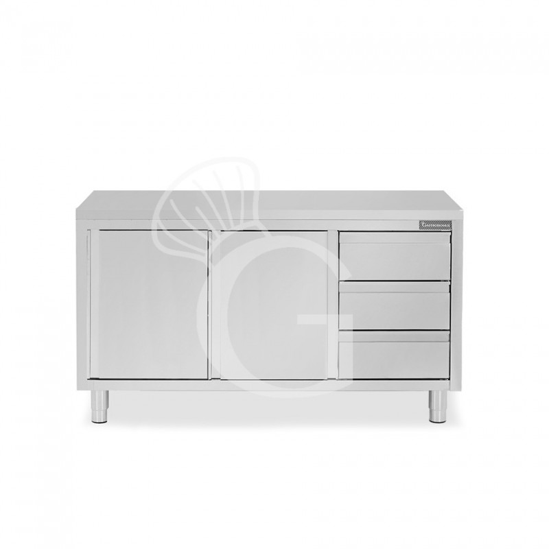 Mesa de acero inoxidable con 2 puertas correderas, 3 cajones en el lado derecho y L 1800 mm x P 800 mm x H 850 mm