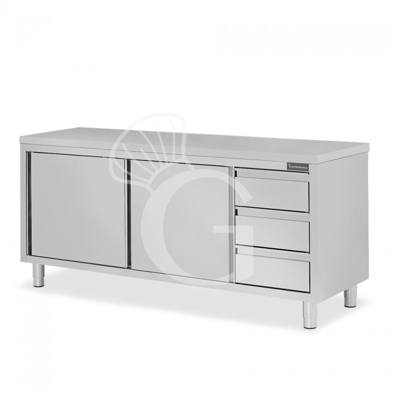 Mesa de acero inoxidable con 2 puertas correderas, 3 cajones en el lado derecho y L 1900 mm x P 800 mm x H 850 mm