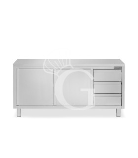 Mesa de acero inoxidable con 2 puertas correderas, 3 cajones en el lado derecho , L 2000 mm x P 800 mm x H 850 mm