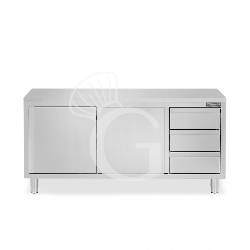 Mesa de acero inoxidable con 2 puertas correderas, 3 cajones en el lado derecho , L 2100 mm x P 800 mm x H 850 mm
