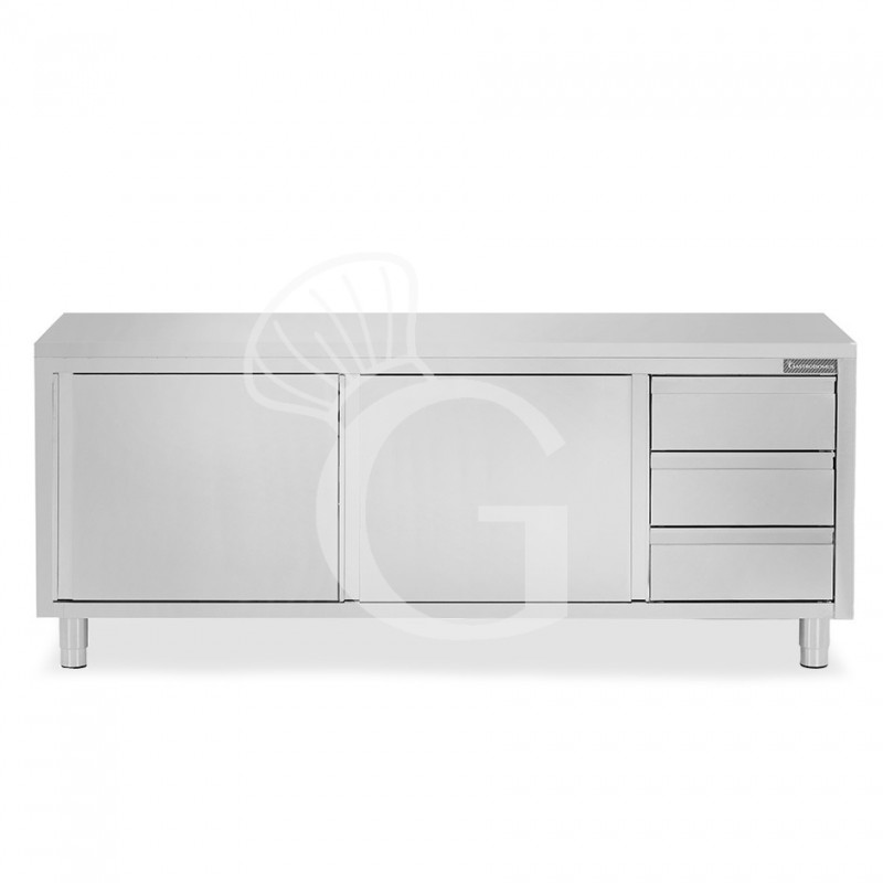 Mesa de acero inoxidable con 2 puertas correderas, 3 cajones en el lado derecho , L 2200 mm x P 800 mm x H 850 mm