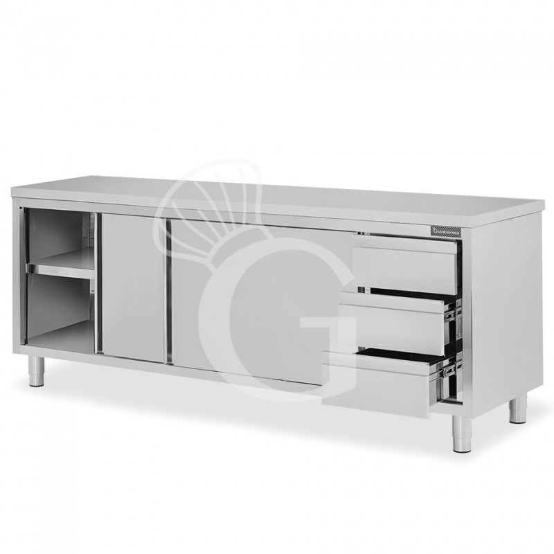 Mesa de acero inoxidable con 2 puertas correderas, 3 cajones en el lado derecho , L 2200 mm x P 800 mm x H 850 mm