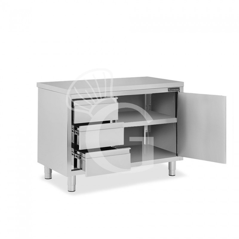 Mesa de acero inoxidable con 1 puerta abatible, 3 cajones en el lado izquierdo L 1000 mm x  P 800 mm x H 850 mm