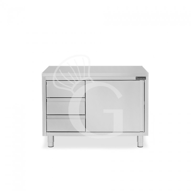 Mesa de acero inoxidable con 1 puerta abatible, 3 cajones en el lado izquierdo L 1000 mm x  P 800 mm x H 850 mm