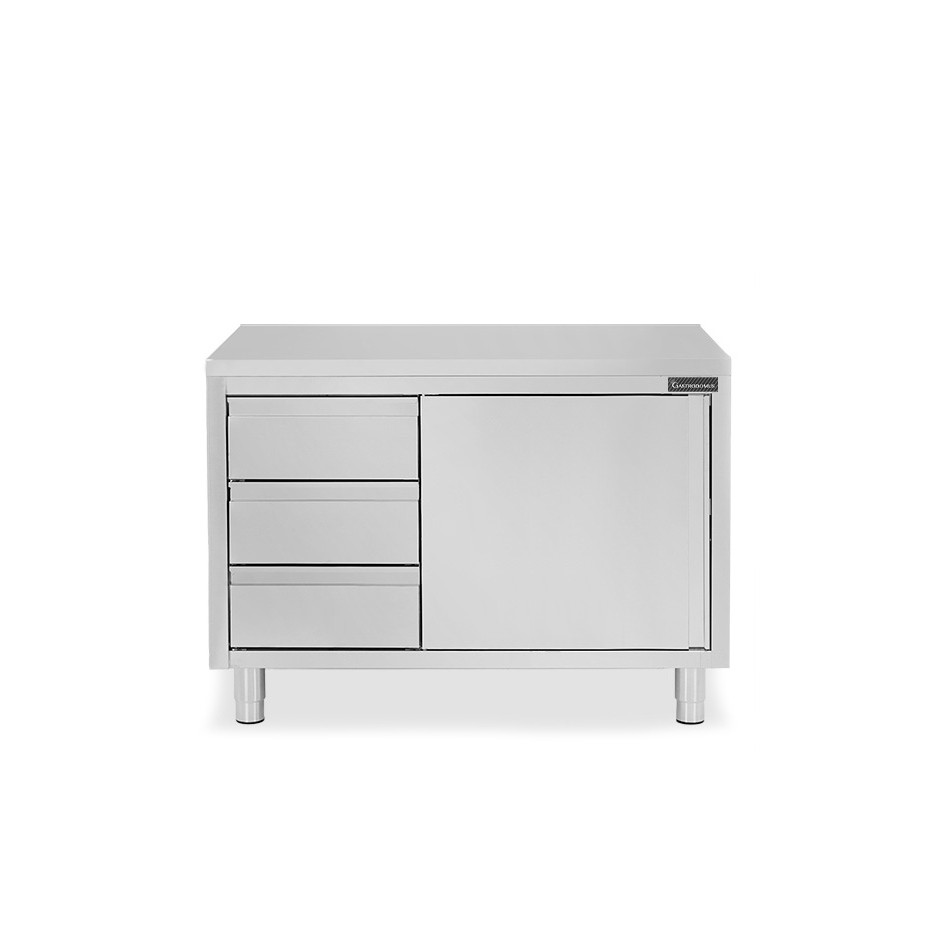Mesa de acero inoxidable con 1 puerta abatible, 3 cajones en el lado izquierdo L 1000 mm x  P 800 mm x H 850 mm