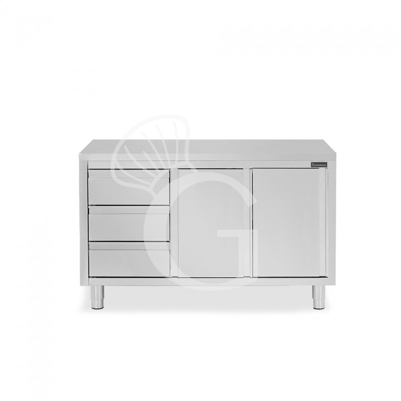 Mesa de acero inoxidable con 2 puertas correderas, 3 cajones en el lado izquierdo L 1600 mm x  P 800 mm x H 850 mm