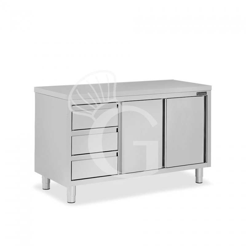 Mesa de acero inoxidable con 2 puertas correderas, 3 cajones en el lado izquierdo L 1600 mm x  P 800 mm x H 850 mm