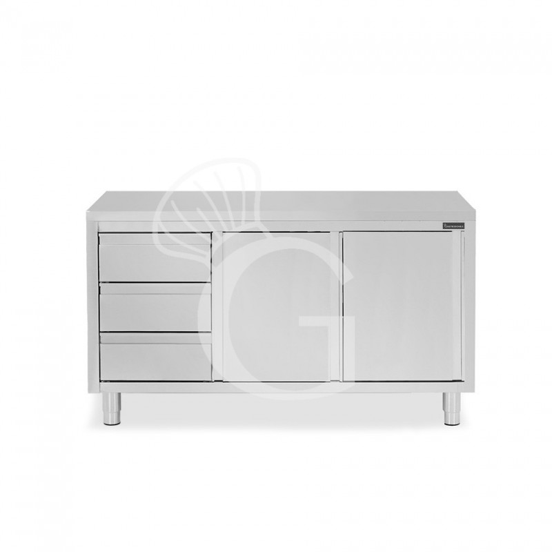 Mesa de acero inoxidable con 2 puertas correderas, 3 cajones en el lado izquierdo L 1800 mm x  P 800 mm x H 850 mm