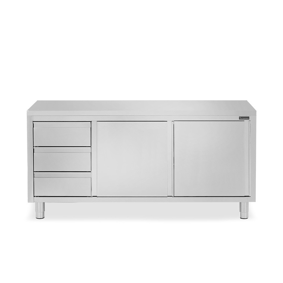 Mesa de acero inoxidable con 2 puertas correderas, 3 cajones en el lado izquierdo L 2100 mm x  P 800 mm x H 850 mm