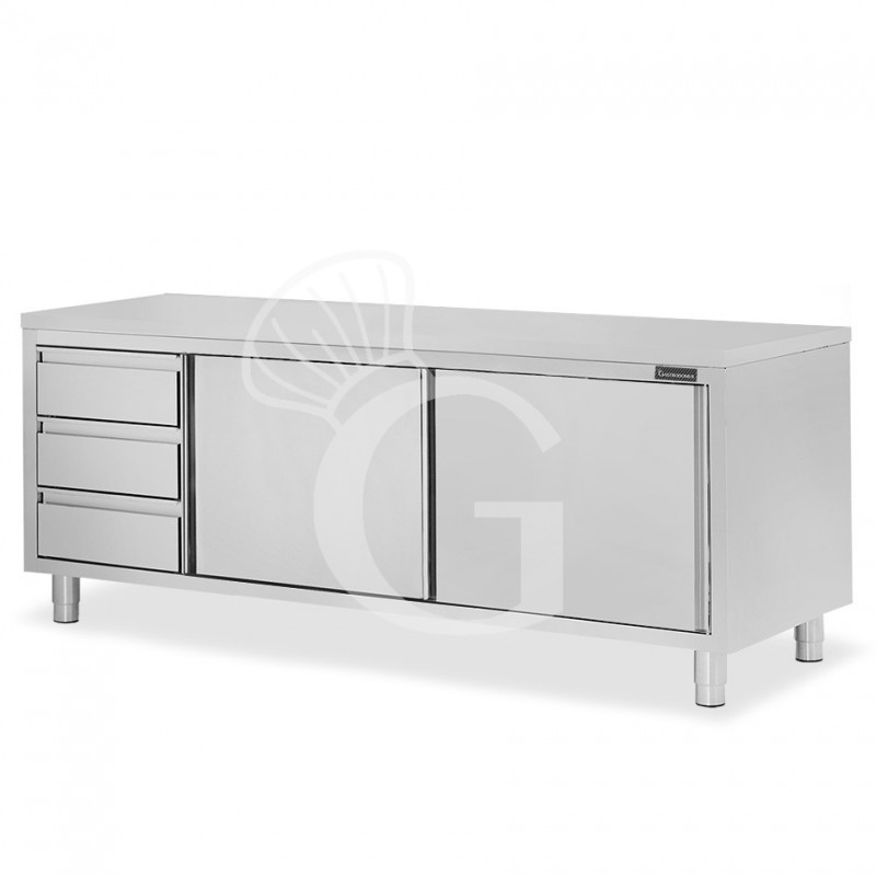 Mesa de acero inoxidable con 2 puertas correderas, 3 cajones en el lado izquierdo L 2200 mm x  P 800 mm x H 850 mm