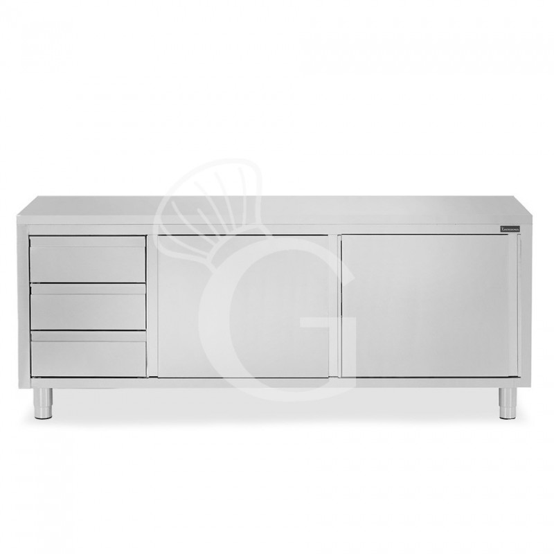 Mesa de acero inoxidable con 2 puertas correderas, 3 cajones en el lado izquierdo L 2200 mm x  P 800 mm x H 850 mm