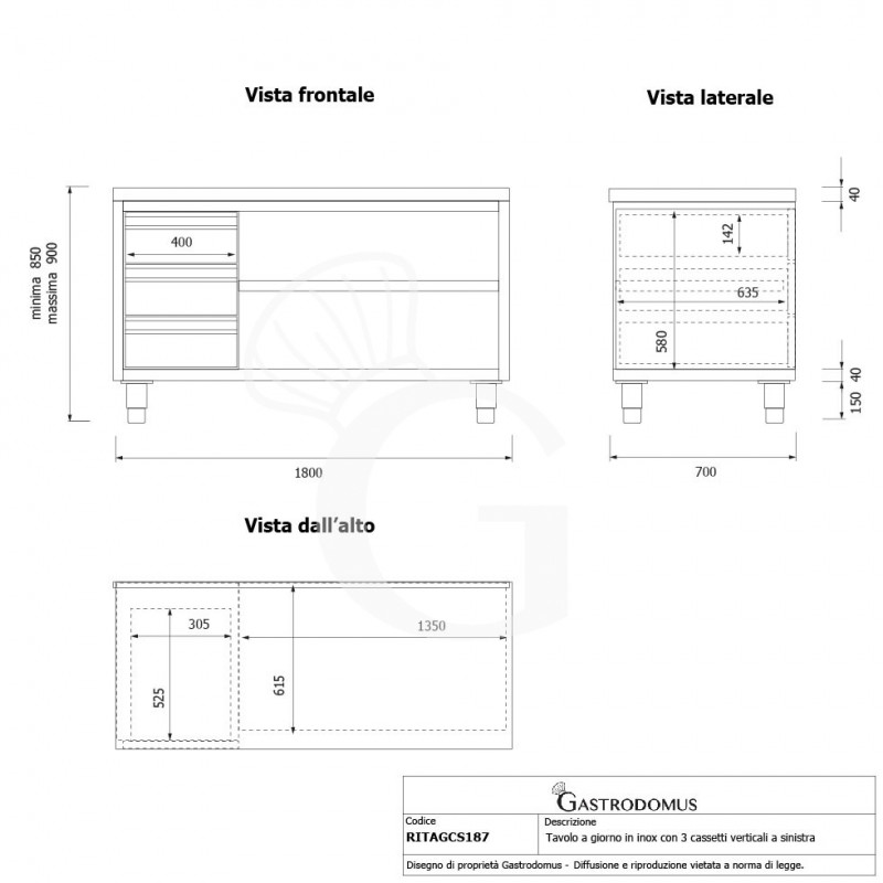 Mesa mural de acero inoxidable 2 puertas correderas, 3 cajones a la izquierda L 1800 mm x P 700 mm x A 850 mm