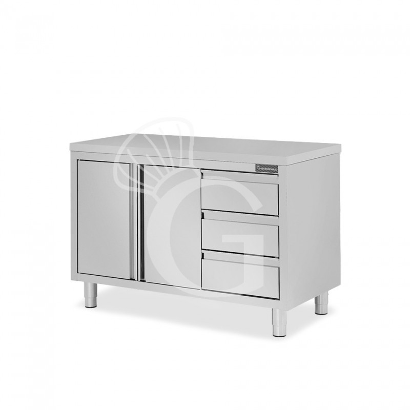 Mesa de acero inoxidable con 2 puertas abatibles, 3 cajones en el lado derecho y L 1300 mm x P 800 mm x H 850 mm