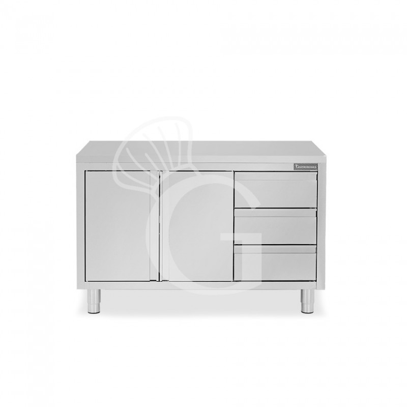 Mesa de acero inoxidable con 2 puertas abatibles, 3 cajones en el lado derecho y L 1300 mm x P 800 mm x H 850 mm
