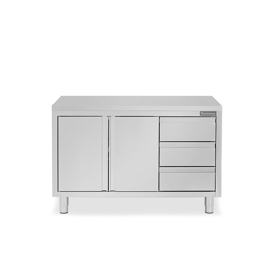 Mesa de acero inoxidable con 2 puertas abatibles, 3 cajones en el lado derecho y L 1300 mm x P 800 mm x H 850 mm