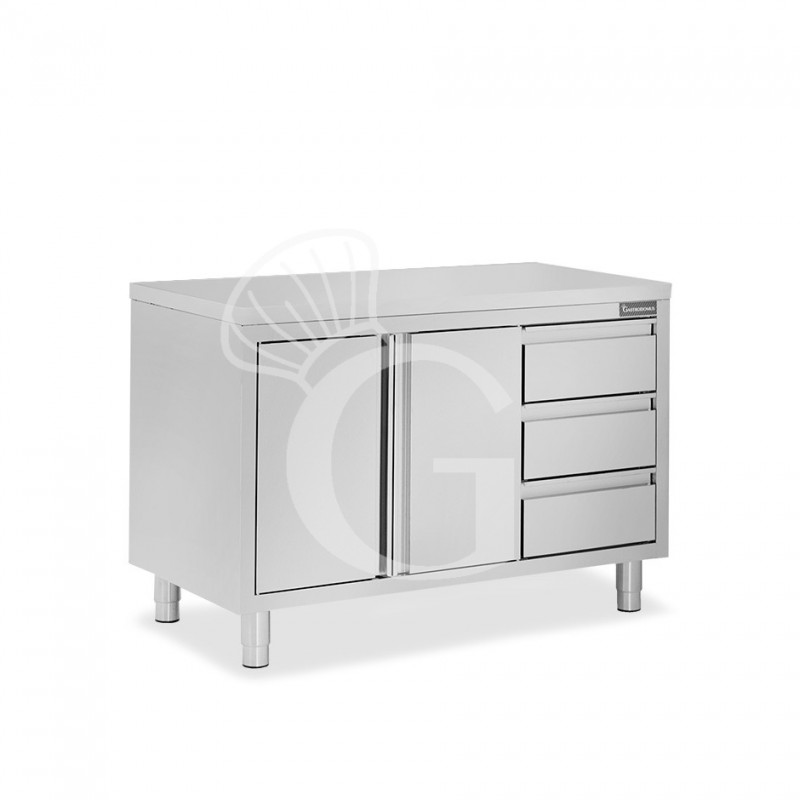 Mesa de acero inoxidable con 2 puertas abatibles, 3 cajones en el lado derecho y L 1300 mm x P 800 mm x H 850 mm