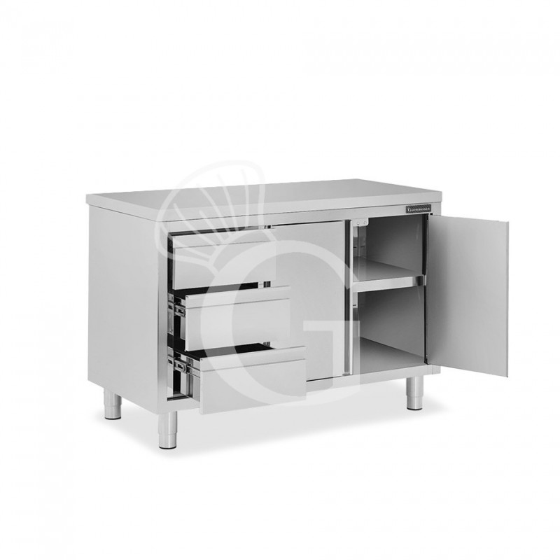 Mesa de acero inoxidable con 2 puertas abatibles, 3 cajones en el lado izquierdo L 1300 mm x  P 800 mm x H 850 mm