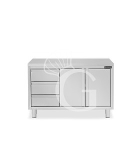 Mesa de acero inoxidable con 2 puertas abatibles, 3 cajones en el lado izquierdo L 1300 mm x  P 800 mm x H 850 mm
