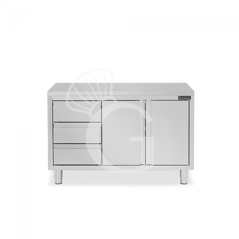 Mesa de acero inoxidable con 2 puertas abatibles, 3 cajones en el lado izquierdo L 1300 mm x  P 800 mm x H 850 mm