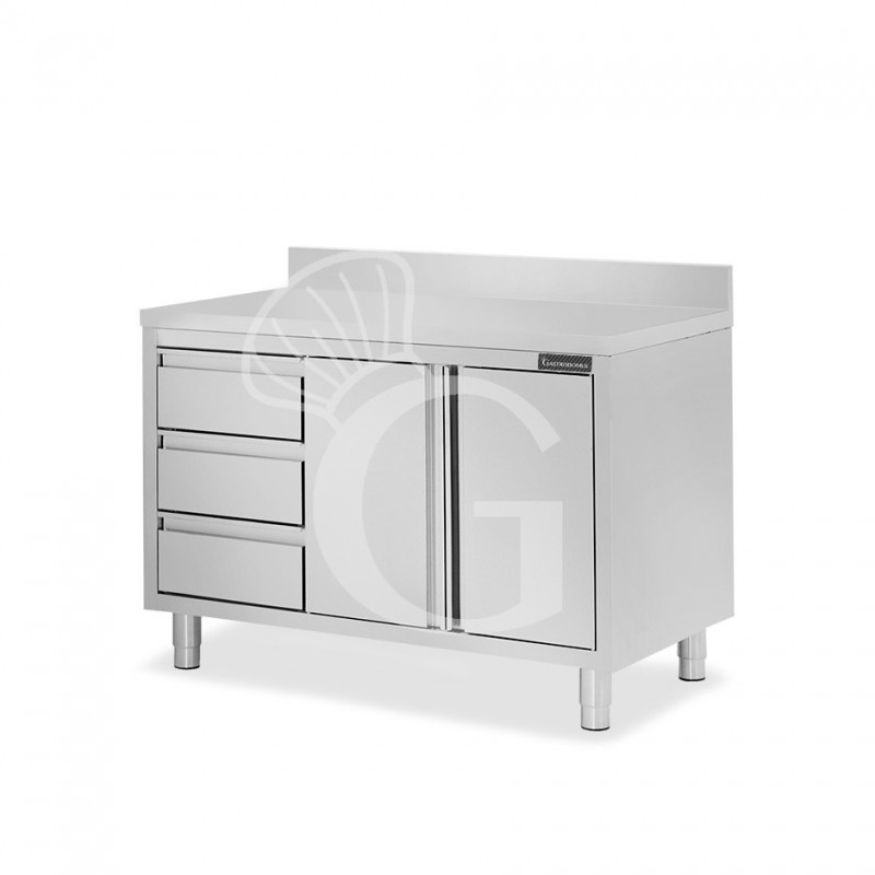 Mesa de acero inoxidable con 2 puertas abatibles, 3 cajones en el lado izquierdo, peto L 1200 mm x  P 800 mm x H 950 mm
