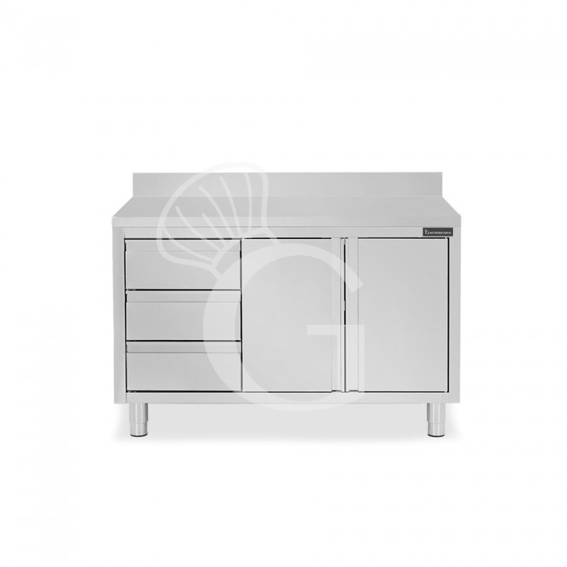 Mesa de acero inoxidable con 2 puertas abatibles, 3 cajones en el lado izquierdo, peto L 1200 mm x  P 800 mm x H 950 mm