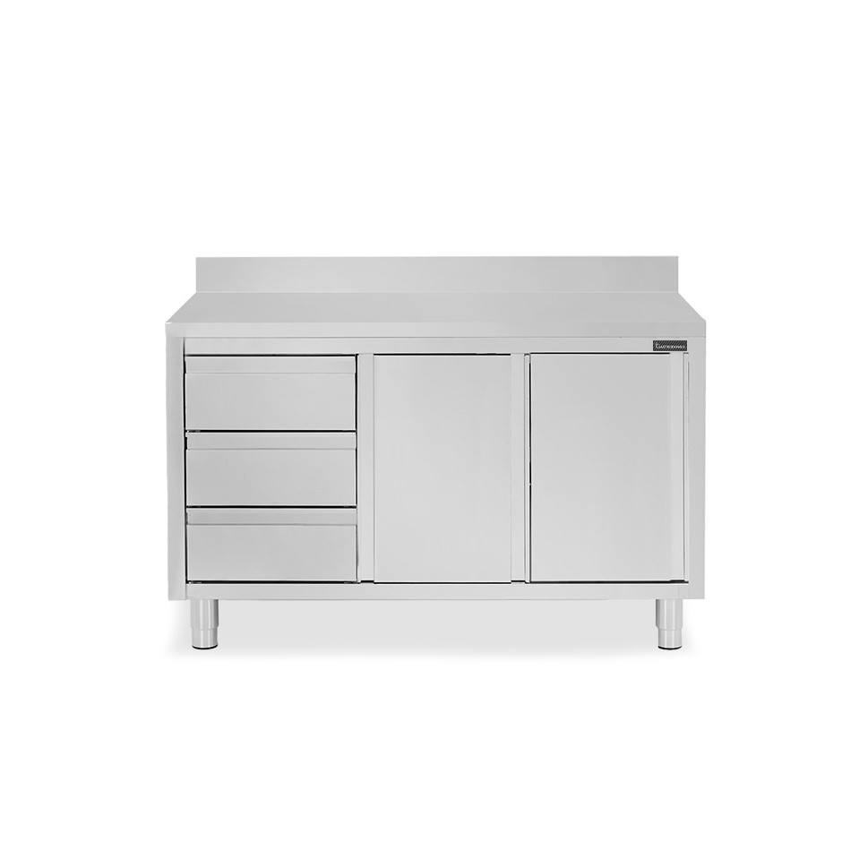 Mesa de acero inoxidable con 2 puertas correderas, 3 cajones en el lado izquierdo, peto L 1500 mm x  P 800 mm x H 950 mm