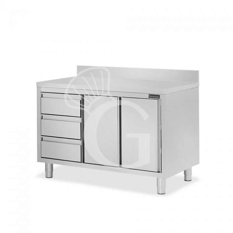 Mesa de acero inoxidable con 2 puertas correderas, 3 cajones en el lado izquierdo, peto L 1600 mm x  P 800 mm x H 950 mm