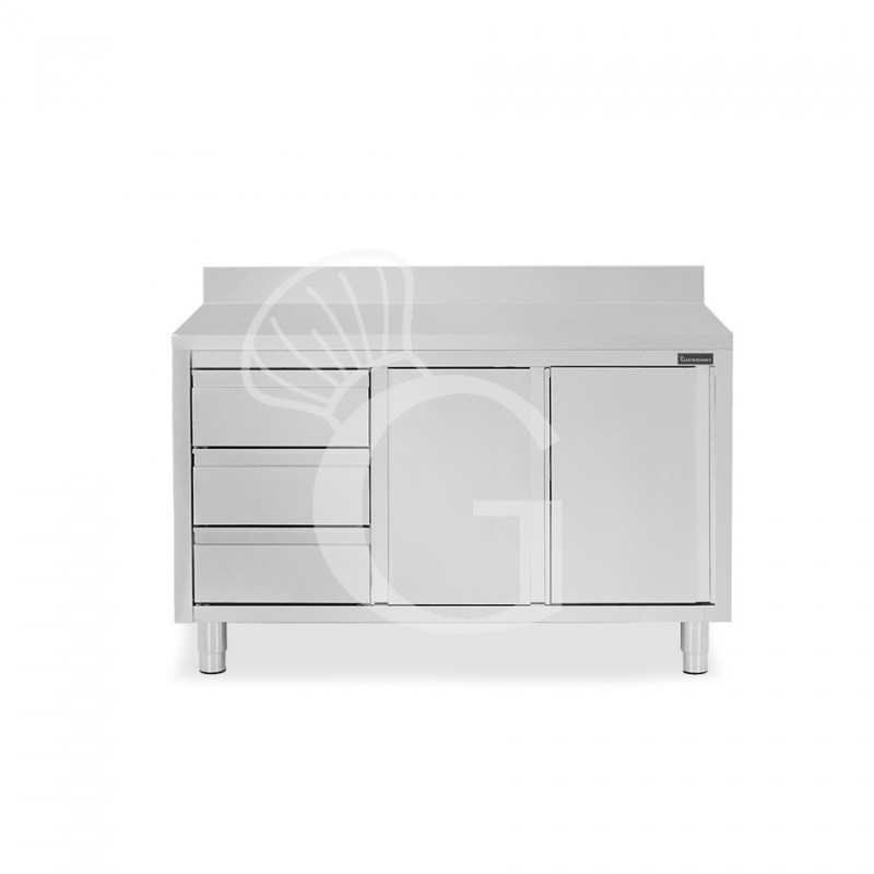 Mesa de acero inoxidable con 2 puertas correderas, 3 cajones en el lado izquierdo, peto L 1600 mm x  P 800 mm x H 950 mm