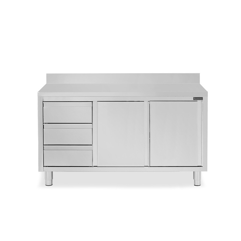 Mesa de acero inoxidable con 2 puertas correderas, 3 cajones en el lado izquierdo, peto L 1700 mm x  P 800 mm x H 950 mm