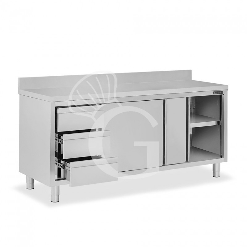Mesa de acero inoxidable con 2 puertas correderas, 3 cajones en el lado izquierdo, peto L 2100 mm x  P 800 mm x H 950 mm