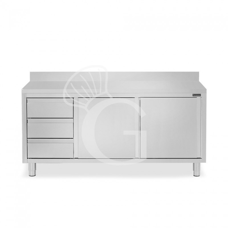 Mesa de acero inoxidable con 2 puertas correderas, 3 cajones en el lado izquierdo, peto L 2100 mm x  P 800 mm x H 950 mm
