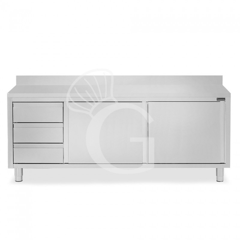 Mesa de acero inoxidable con 2 puertas correderas, 3 cajones en el lado izquierdo, peto L 2200 mm x  P 800 mm x H 950 mm
