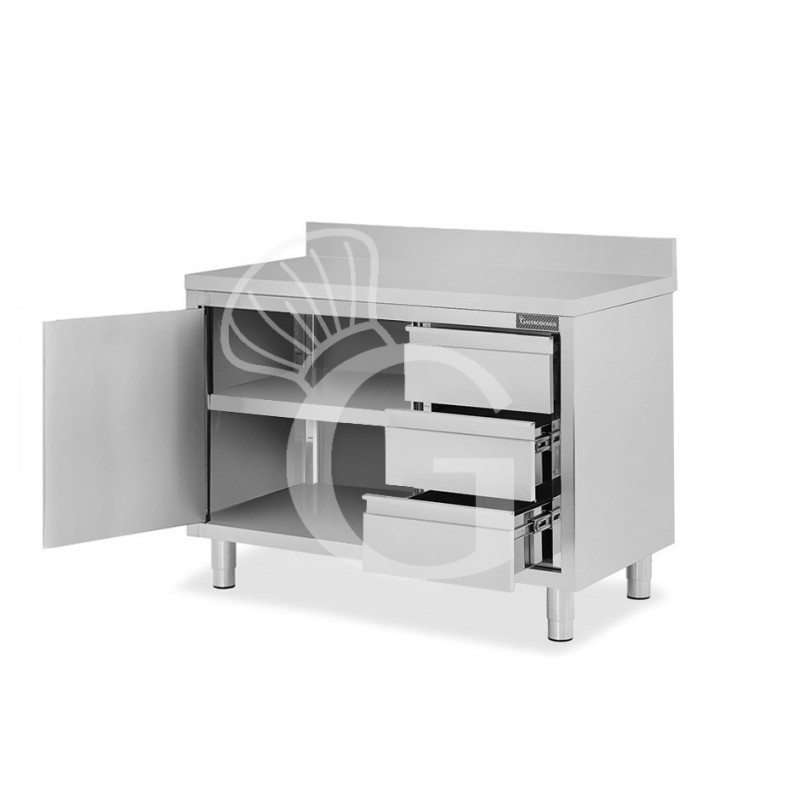 Mesa de acero inoxidable con 1 puerta abatible, 3 cajones en el lado derecho ,peto L 1000 mm x P 800 mm x H 950 mm