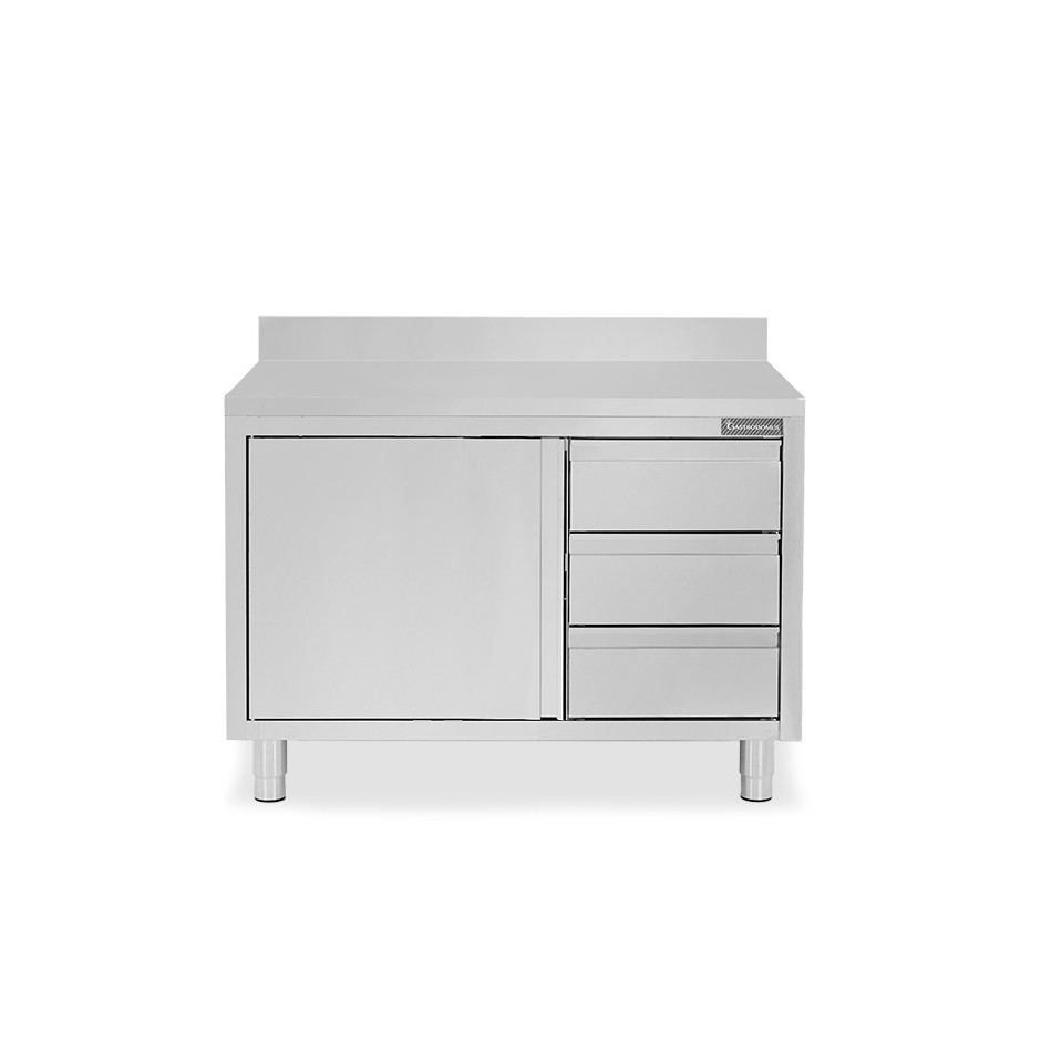 Mesa de acero inoxidable con 1 puerta abatible, 3 cajones en el lado derecho ,peto L 1000 mm x P 800 mm x H 950 mm