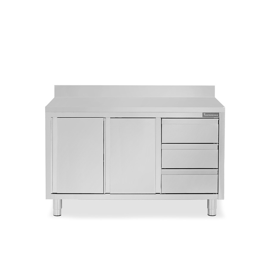 Mesa de acero inoxidable con 2 puertas correderas, 3 cajones en el lado derecho ,peto L 1400 mm x P 800 mm x H 950 mm