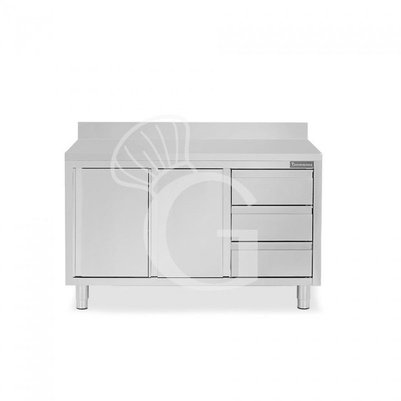 Mesa de acero inoxidable con 2 puertas correderas, 3 cajones en el lado derecho ,peto L 1600 mm x P 800 mm x H 950 mm