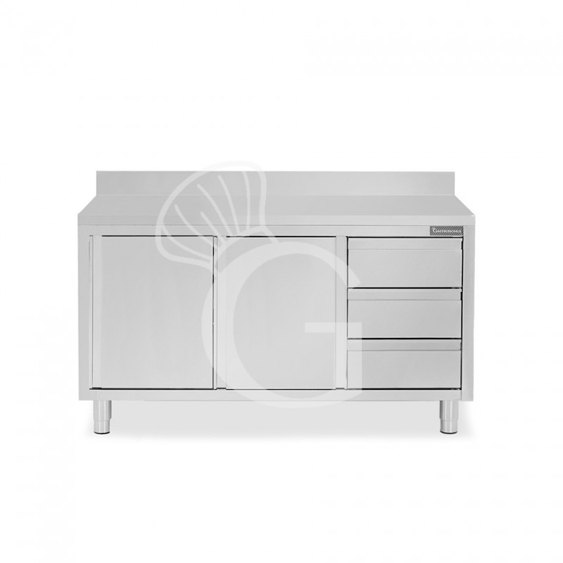 Mesa de acero inoxidable con 2 puertas correderas, 3 cajones en el lado derecho, peto, L 1700 mm x P 800 mm x H 950 mm