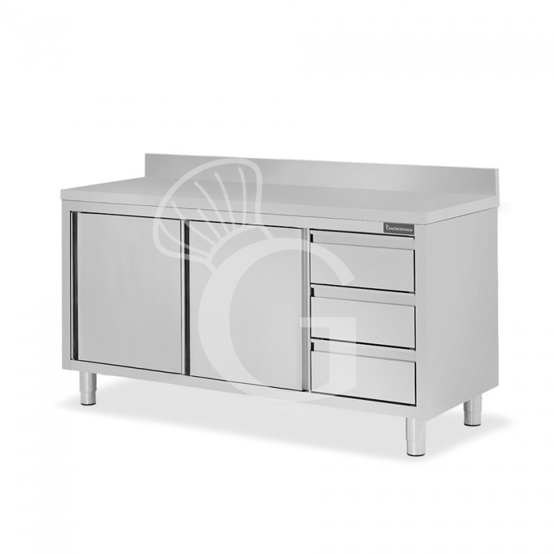 Mesa de acero inoxidable con 2 puertas correderas, 3 cajones en el lado derecho, peto, L 1800 mm x P 800 mm x H 950 mm