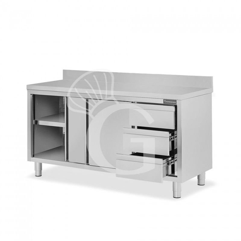 Mesa de acero inoxidable con 2 puertas correderas, 3 cajones en el lado derecho, peto, L 1800 mm x P 800 mm x H 950 mm