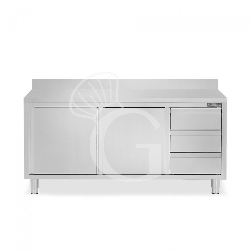 Mesa de acero inoxidable con 2 puertas correderas, 3 cajones en el lado derecho, peto, L 1900 mm x P 800 mm x H 950 mm