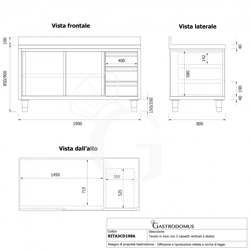 Mesa de acero inoxidable con 2 puertas correderas, 3 cajones en el lado derecho, peto, L 1900 mm x P 800 mm x H 950 mm