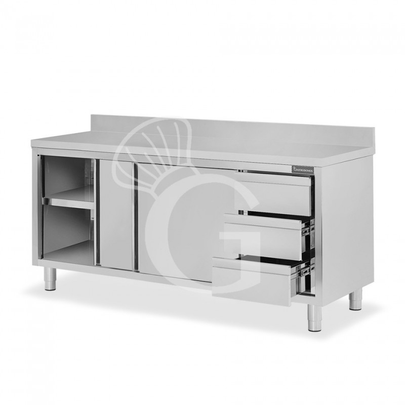 Mesa de acero inoxidable con 2 puertas correderas, 3 cajones en el lado derecho, peto, L 2000 mm x P 800 mm x H 950 mm