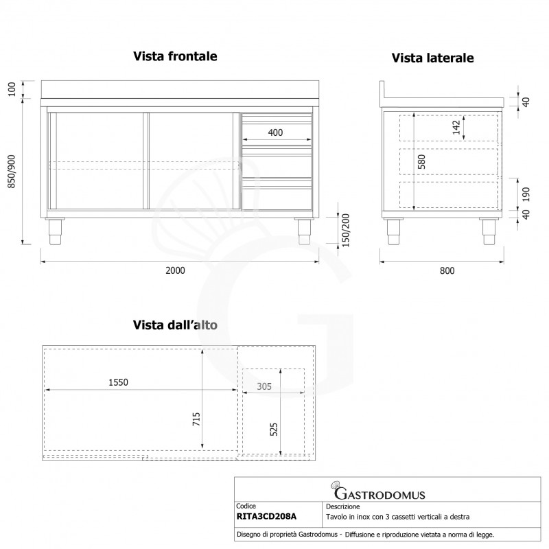 Mesa de acero inoxidable con 2 puertas correderas, 3 cajones en el lado derecho, peto, L 2000 mm x P 800 mm x H 950 mm