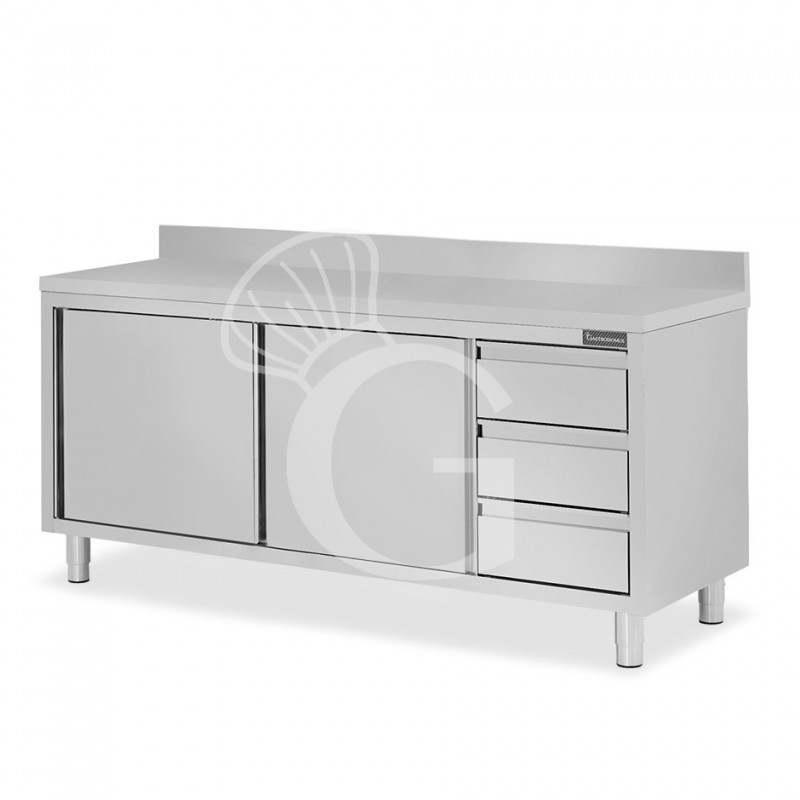 Mesa de acero inoxidable con 2 puertas correderas, 3 cajones en el lado derecho ,peto L 2100 mm x P 800 mm x H 950 mm